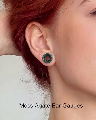 Jewseen 2g-5/8 Moss Agate Ear Gauges Plugs Real Natural Stone Double Flared Ear Tunnels Stretchers Gauges for Women Men Plugs Piercing Jewelry - size: 5/8''=16mm