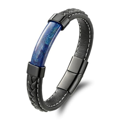 Mens Black Leather Obsidian/Turquoise/Tiger Eye/Red Agate Bracelet–Braided Multi‑Layer Wristband Cuff Bangle Bracelet with Stainless Steel Clasp Gift Jewelry Box Included - color: Style 2: Lapis Lazuli, size: 8.3in(Fits most wrists)