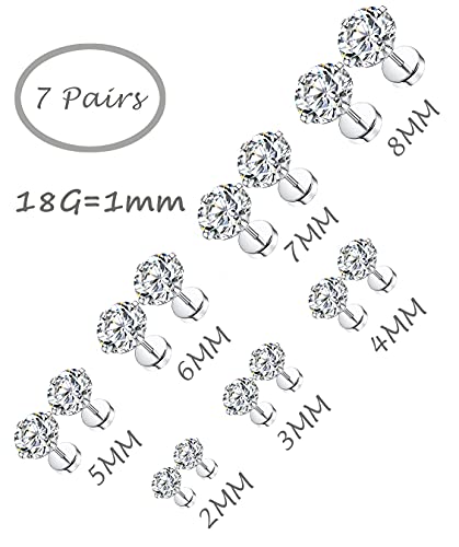 7 Pairs 18G 20G Stainless Steel Stud Earrings Round Cubic Zirconia Barbell Earring Set For Men Women 2MM-8MM Silver Tone - style: E:7 Pairs,Flat Backs,18G