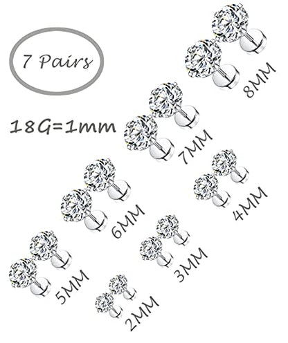 7 Pairs 18G 20G Stainless Steel Stud Earrings Round Cubic Zirconia Barbell Earring Set For Men Women 2MM-8MM Silver Tone - style: E:7 Pairs,Flat Backs,18G
