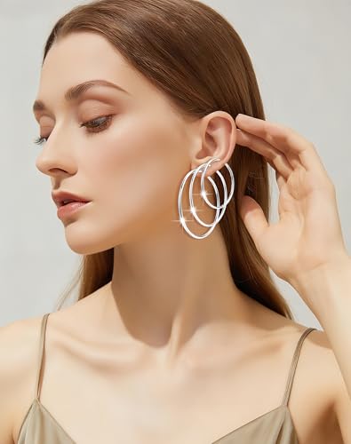 4 Pairs Gold Sliver Hoop Earrings For Women, Hypoallergenic Surgic Steel | 14K Gold Plated Stainless Steel, 30/40/50/60mm, Small Medium Large Size, Thin, Lightweight - color: 4 Pairs Silver-30/40/50/60mm