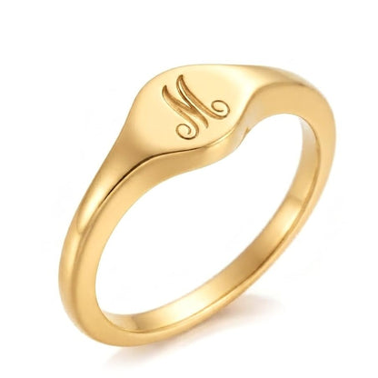 Women Round Signet Ring in Solid Gold 9K, 14K, & 18K, Personalized Chevalier, Custom Initial Engraved Ring, Personalized Birthday Gift, RN330