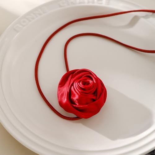 Red Camellia Flower Fabric Choker Necklace for Women Black Rose Floral Rope Statement Necklaces Trendy Costume Outfit Cloth Jewelry Petal Accessories - color: Red