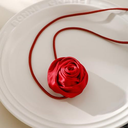 Red Camellia Flower Fabric Choker Necklace for Women Black Rose Floral Rope Statement Necklaces Trendy Costume Outfit Cloth Jewelry Petal Accessories - color: Red