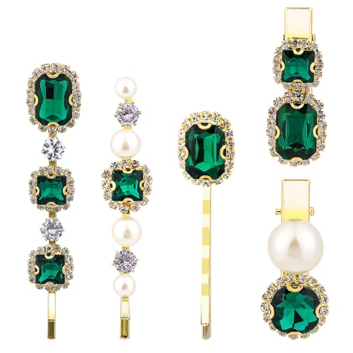 Ymapinc 5Pcs Vintage Green Crystal Hairpin, 2 Short + 3 Long Set | Hair Clip for Women, 80s 90s Style Emerald Green Decorative Pins Elegant Hairpin Accessories