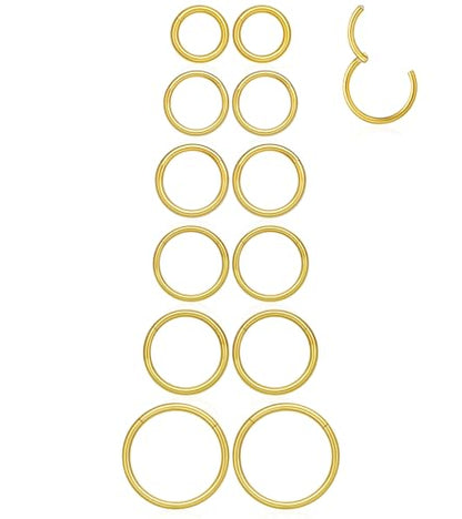 16G 6MM 7MM 8MM 9MM 10MM 12MM Hinged Clicker Septum Rings Pack Surgical Stainless Steel 16 Gauge Nose Ring Daith Rook Tragus Helix Cartilage Conch Hoop Earrings Piercing Jewelry for Women Men - color: Gold Tone