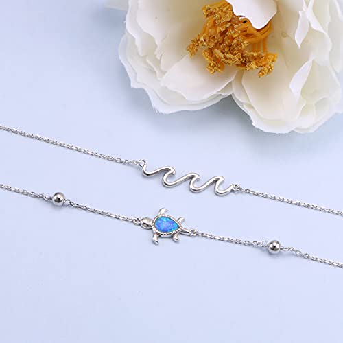 Flyow Anklet for Women S925 Sterling Silver Adjustable Foot Beaded Heart Charm Ankle Bracelet Anklets Jewelry - style: opal turtle