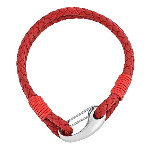 Edforce Braided Genuine Leather 2-Strand Cuff Bracelet with Stainless Steel Clasp - color: Red