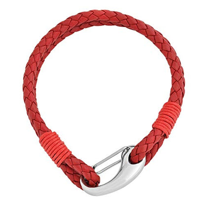 Edforce Braided Genuine Leather 2-Strand Cuff Bracelet with Stainless Steel Clasp - color: Red