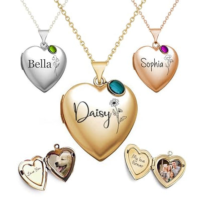 Twenty&Sixty Personalized Heart Locket Necklace for Women, Girl, Kids, Holds Pictures, Birth Flower Personalized & Engraved Picture Locket Necklace Gold/Silver/RoseGold