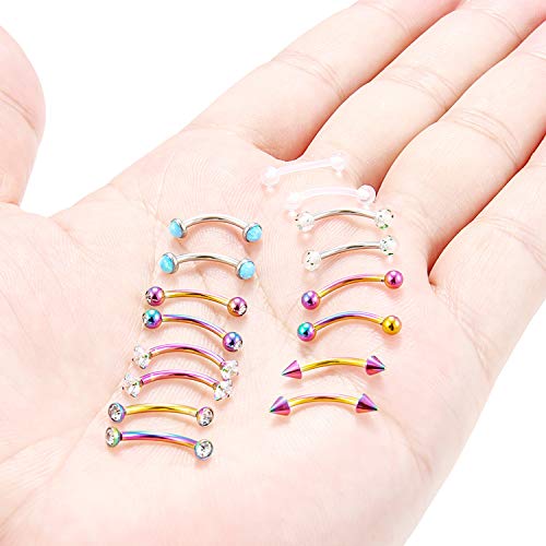 Eyebrow Ring Bar 16G Stainless Steel Curved Barbell Clear Diamond CZ Piercing Body Jewelry Retainer for Women Men 12-16 Pieces - color: 16Pcs-16G-Rainbow