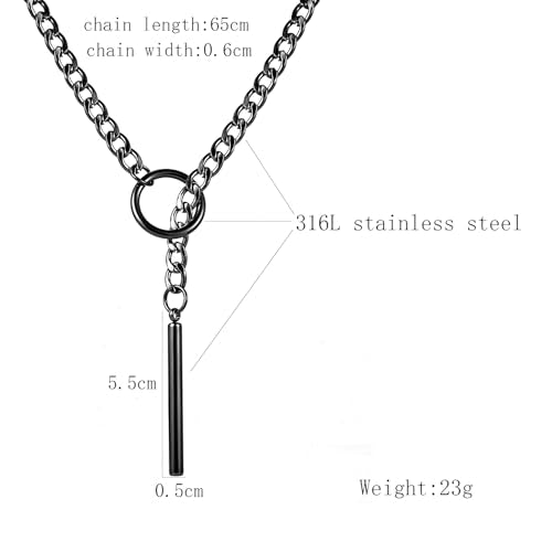 Slip Chain Necklace for Women Gothic Stainless Steel Bar Pendant Cuban Link Necklaces Adjustable Goth O Ring Long Necklaces Punk Rock Collar Choker Trendy Lariat Y Necklace - color: Black