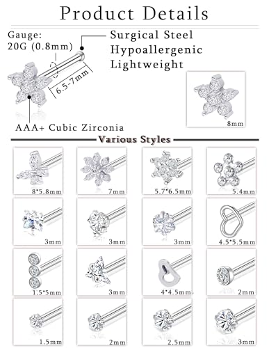 17Pcs Nose Rings Studs 20G Surgical Stainless Steel L Corkscrew Bone Shaped Nose Studs Butterfly Flower Heart Star Square Round CZ Nostril Piercing Jewelry for Women Silver Plated - style: C:Bone Shaped