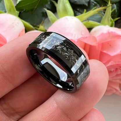 TUTISS 6mm 8mm Silver/Black Tungsten Rings for Men Women Meteorite Shavings Inlay Promise Engagement Wedding Bands Beveled Edges Polished Shiny Comfort Fit