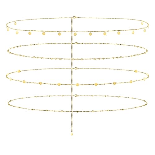 Jovivi 4 Pcs 18K Gold Plated Body Chains for Women,Adjustable Belly Chains for Waist,Multilayer Summer Beach Bikini Waist Beads Body Chains Jewelry for Women