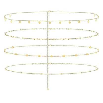 Jovivi 4 Pcs 18K Gold Plated Body Chains for Women,Adjustable Belly Chains for Waist,Multilayer Summer Beach Bikini Waist Beads Body Chains Jewelry for Women