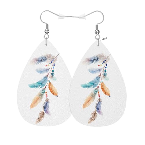 Beautiful Feathers Fashion Faux Leather Earrings Watercolor Boho Ethnic Bird Feathers Wedding Teardrop Earrings Jewelry For Women Friends Bridal - color: Beautiful Feathers