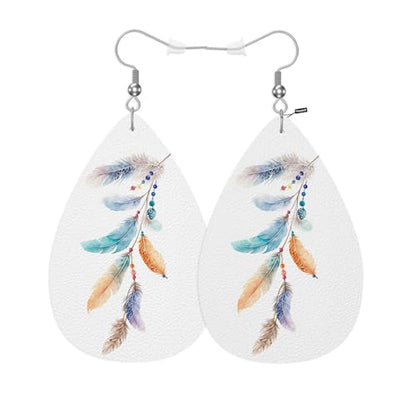 Beautiful Feathers Fashion Faux Leather Earrings Watercolor Boho Ethnic Bird Feathers Wedding Teardrop Earrings Jewelry For Women Friends Bridal - color: Beautiful Feathers