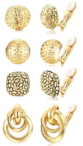 ORAZIO 4Pairs Clip On Earrings for Women Gold Silver Clip On Hoop Earrings Chunky Teardrop Clip Earrings Twist Round Clip On Stud Earrings No Piercing Fake Earrings Set - color: Gold Tone