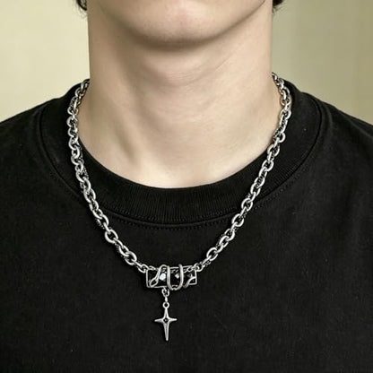 Gothic Cross Star Necklace For Men Women Silver Stainless Steel Cuban Link Paperclip Figaro Bead Chain Punk Kpop Y2k Goth Irregular Layered Cross Pendant Necklace Non Tarnish Jewelry Gift - color: Silver O