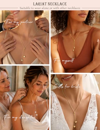 Lariat Gold Silver Necklace for Women Long Dainty Y Necklace 14k Gold Plated Drop Chunky Necklace Trendy Clover Heart Cross Teardrop Cz Pendant Statement Simple Adjustable Jewelry Gift - color: Gold- Heart