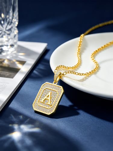 Initial Letter Pendant Necklace for Men Women, 14K/18K Gold A-Z | Square Monogram Pendant Jewelry Waterproof and colorfast with Figaro Chain, Gifts for Women Men - style: 18K Gold D