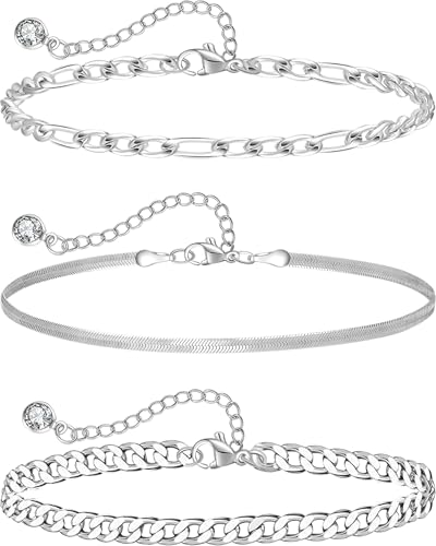Sterling Silver Ankle Bracelets for Women Strong Lobster Clasp - Cuban Link, Figaro, Rope, Flat Mariner, Snake Herringbone, Satellite, Paperclip - Summer Beach Waterproof Silver Anklet - color: Curb,Figaro,Snake