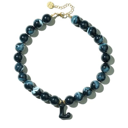 DoDoBeads Chunky Colorful Beaded Initial Necklace, Bubble Letter Choker | Gift box and dust pouch included; waterproof and sweat-resistant with real gold plated stainless steel hardware - color: Black-L