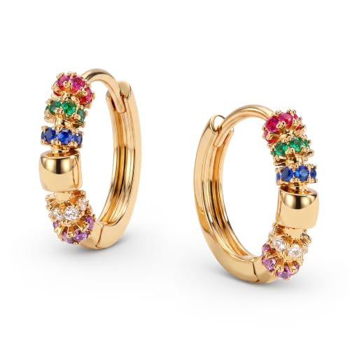 Dremmy Studios Dainty CZ Huggie Hoop Earrings 14K Gold Plated Chunky Simple Cute Thick Round Frill Bead Ball Starburst Cuff Earrings Cubic Zirconia Hoop Earrings Minimalist Personalized Gift for Her - color: Rainbow C