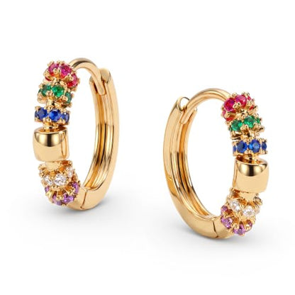 Dremmy Studios Dainty CZ Huggie Hoop Earrings 14K Gold Plated Chunky Simple Cute Thick Round Frill Bead Ball Starburst Cuff Earrings Cubic Zirconia Hoop Earrings Minimalist Personalized Gift for Her - color: Rainbow C
