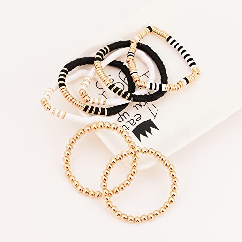 Summer Surfer Heishi Bracelet Set for Women Stackable Gold Plated Clay Ploymer Bead Stretch Pink Beach Layering Bracelets Jewelry - color: A-black&white 7pcs