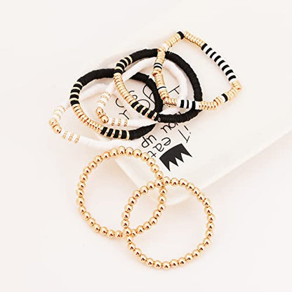 Summer Surfer Heishi Bracelet Set for Women Stackable Gold Plated Clay Ploymer Bead Stretch Pink Beach Layering Bracelets Jewelry - color: A-black&white 7pcs