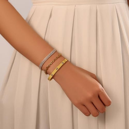 18K Gold Plated Bangle Bracelet Set for women,Cubic Zirconia Classic Stainless Steel Adjustable Gold Tennis Love Bracelets Stack for women and men - color: CZ Love Set