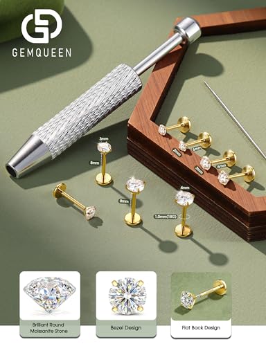 GEMQUEEN 8 PCS Moissanite ＆ Implant Grade G23 Titanium Nose Studs Flat Back Earrings Hypoallergenic : 14K Gold Plated Nose Rings 20G Push in Threadless Cartilage Helix Piercing Jewelry for Women Men - color: Gold| 18G(1.0MM)-Bar-6/8MM&Moissanite-2/3/4MM