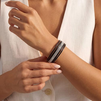 Edoneery Leather Wrap Bracelets for Women, Boho Layered Cuff Bangle | Multi-layer Leather Cuff, Daily wear, Stackable Bangle, Easy on-off, Western Jewelry Gifts for Women - color: Black-1