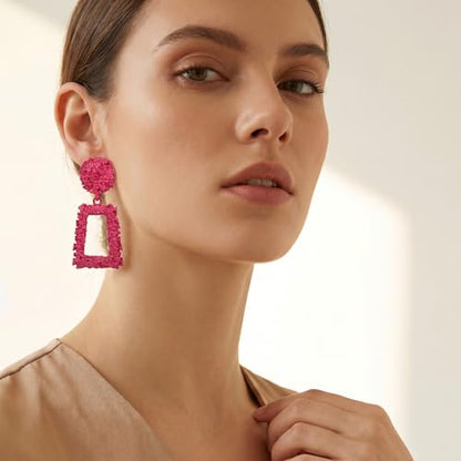 Clip on Earrings for Women, Big Statement Geometric Earrings Large Shiny Drop Dangle Earrings Non Pierced (Gold/Silver/Hot Pink) - color: Hot pink