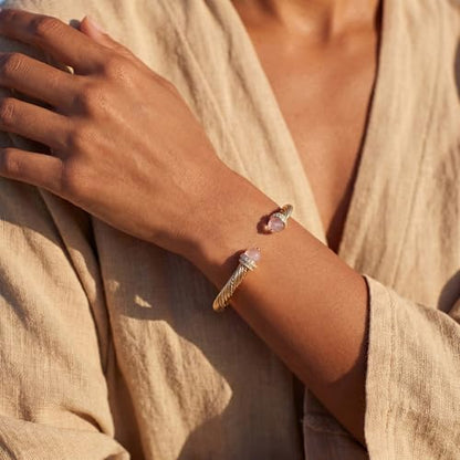 Fettero Gold Cuff Bangle Bracelets for Women - Adjustable Open Cuff Bangles 14K Gold Plated Charm Twisted Cable Bangle Bracelet for Mom Dainty Jewelry Gift - color: Pink