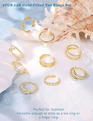 9Pcs 14K Gold Filled Toe Rings for Women Non Tarnish Waterproof Toe Ring Set Adjustable Dainty Simple CZ Open Band Toe Rings Beach Summer Foot Jewelry