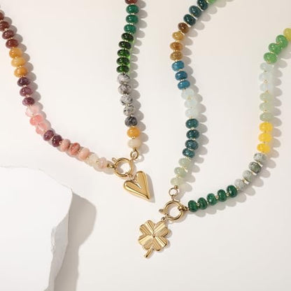 Beaded Necklace for Women,Natural Gemstone Necklace for Women,Colorful Bead Choker Necklace Handmade Surfer Beach Necklace Trendy Jewelry Gift for Women - style: With Heart Charm