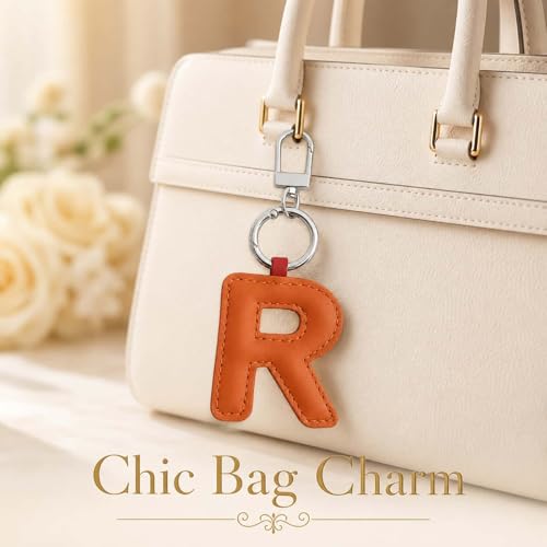 Initial Letter Keychain,Stainless Steel,Colorful Faux Leather Keyring for Backpack,Purse,Car Keys,Gift for Men Women - color: R