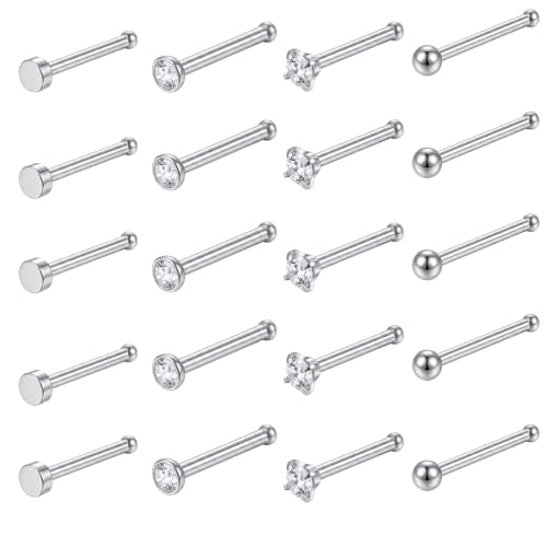 20Pcs 20G Nose Rings Studs for Women Surgical Steel Straight Nose Rings | Cubic Zirconia Nose Bone Studs Small Stud Nose Ring Stuf Body Piercing Jewelry for Women Men