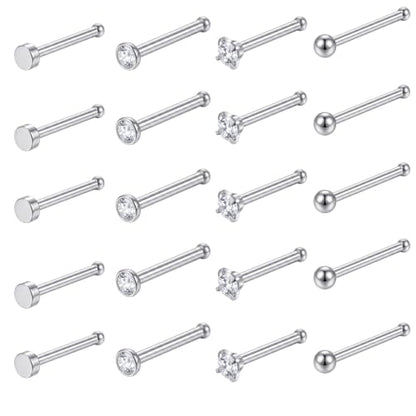 20Pcs 20G Nose Rings Studs for Women Surgical Steel Straight Nose Rings | Cubic Zirconia Nose Bone Studs Small Stud Nose Ring Stuf Body Piercing Jewelry for Women Men