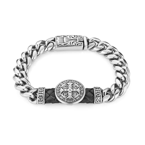 HZMAN 8.5Inch Cuban Link Bracelet for Men Silver Stainless Steel Heavy Biker Link Bracelet - color: St Benedict Cross