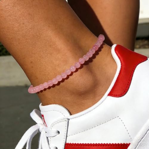 Natural Stone Beaded Anklets for Women, Handmade Boho Clear Quartz 4mm Crystal Beads Anklet, Gold Chain Adjustable Ankles Bracelet, Beach Summer Jewelry Gemstone Foot Bracelet Gift - color: Rose Quartz