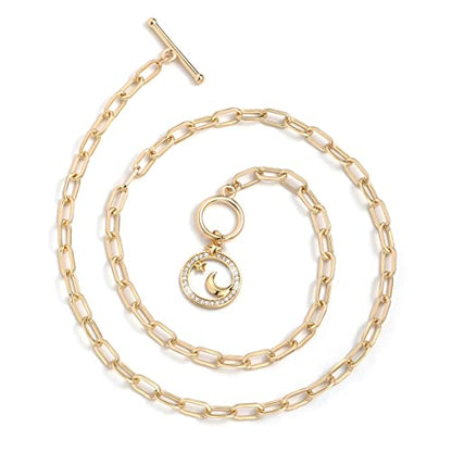 DoreenBeads 18K Gold Sun Moon Star Compass Pendant Necklace | Chunky Toggle Paperclip Chain Necklace with Heart Daisy Bee Charms for Women Girls 20 Inches - color: Crescent Moon & Star