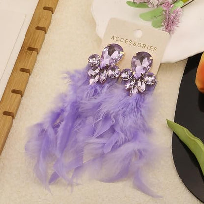 Long Feather Earrings for Women Bohemian Crystal Zirconia Dangle Feather Earrings Crystal Tassel Feather Earrings Wedding Halloween Prom Jewelry - color: Purple