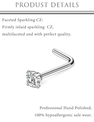 Hoeudjo Hypoallergenic Nose Rings Studs 24G Surgical Stainless Steel Cubic Zirconia Nose Studs for Women Men Screw & Bone & L Shaped Nostril Piercing Jewelry with 1.5mm 2mm 2.5mm 3mm CZ - color: silvertone,L-shaped nose studs