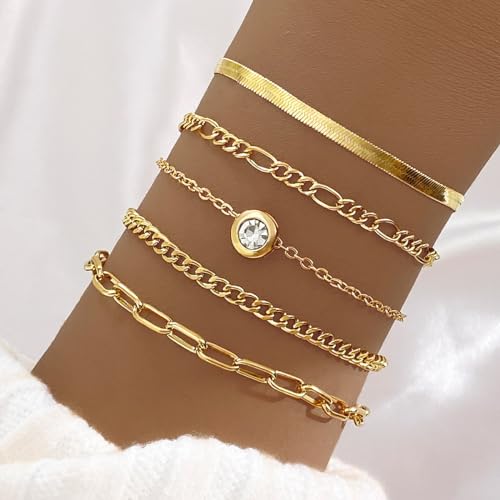 IFKM Gold Bracelets for Women, 14K Gold Plated Dainty Link Chain Bracelet set, Trendy Stackable Layered Bracelets jewelry Gifts - style: 5pcs diamond snake chain