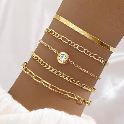 IFKM Gold Bracelets for Women, 14K Gold Plated Dainty Link Chain Bracelet set, Trendy Stackable Layered Bracelets jewelry Gifts - style: 5pcs diamond snake chain