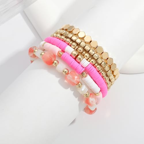 Summer Surfer Heishi Bracelet Set for Women Stackable Gold Plated Clay Ploymer Bead Stretch Pink Beach Layering Bracelets Jewelry - color: B-A7 plastic 6pc